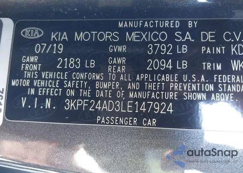 2020 Kia Forte Lxs из США, поврежденный, VIN 3KPF24AD3LE147924